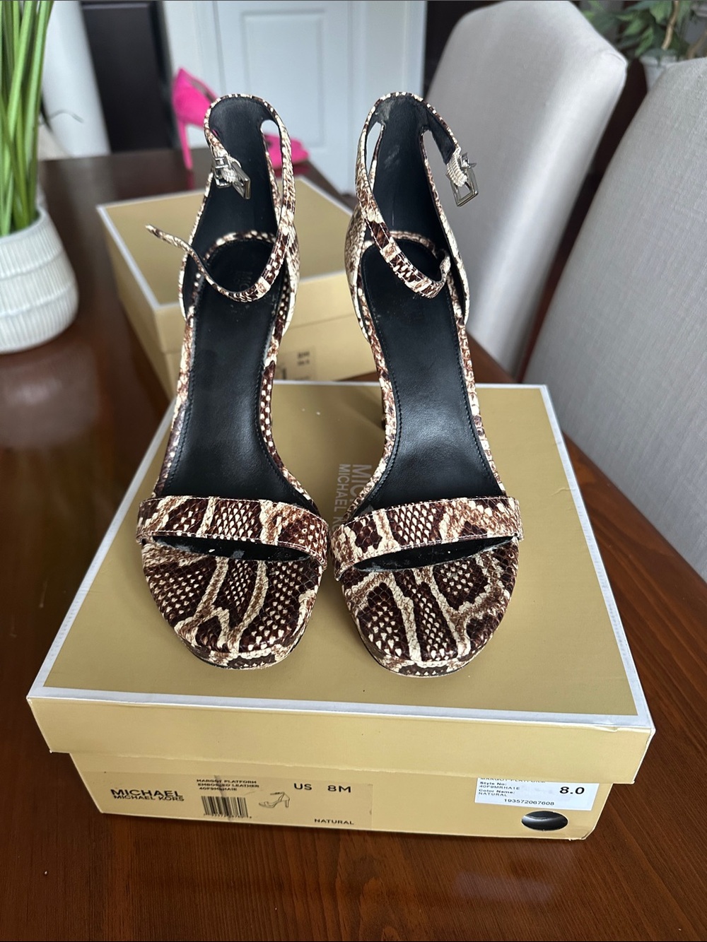 Michael Kors Margot Embossed Leather Snake-Print Ankle-Strap Platforms